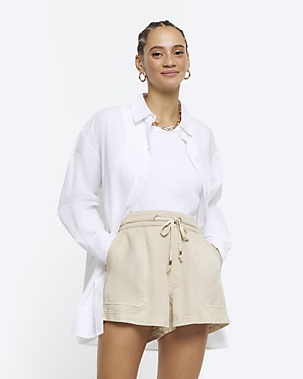 Beige lyocell elasticated shorts