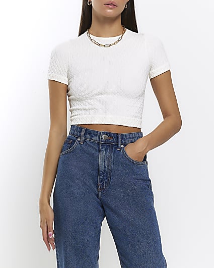 Cream textured seamless crop t-shirt