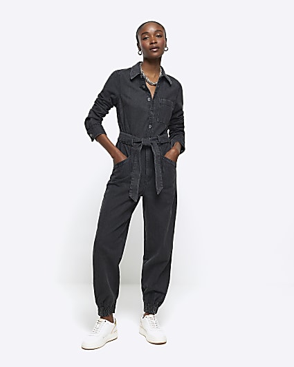 Black belted denim jumpsuit