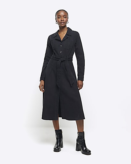 Black denim belted midi shirt dress