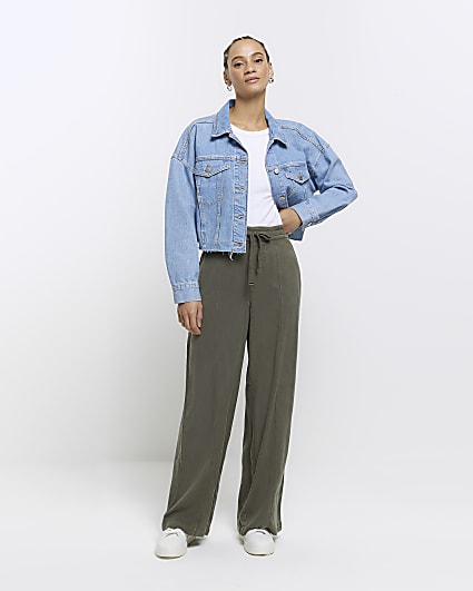 Khaki Wide Leg Lyocell Trousers