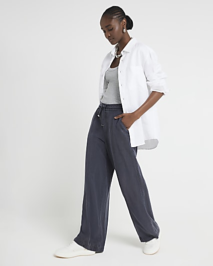 Navy Lyocell Wide Leg Trousers