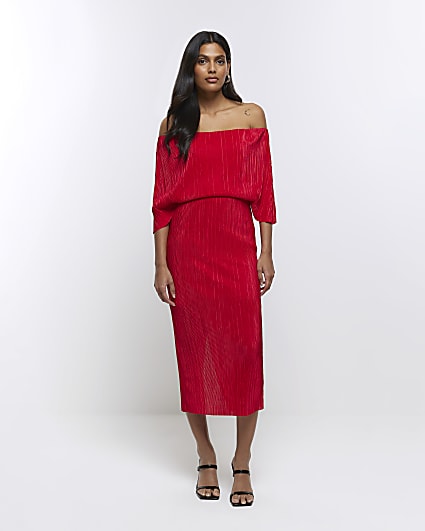 Red bardot drape plisse midi dress