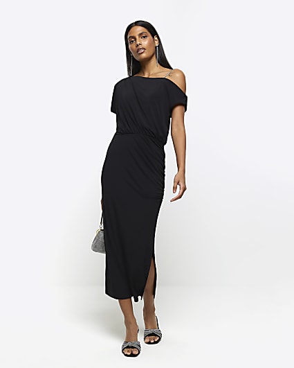 Black diamante strap bodycon midi dress