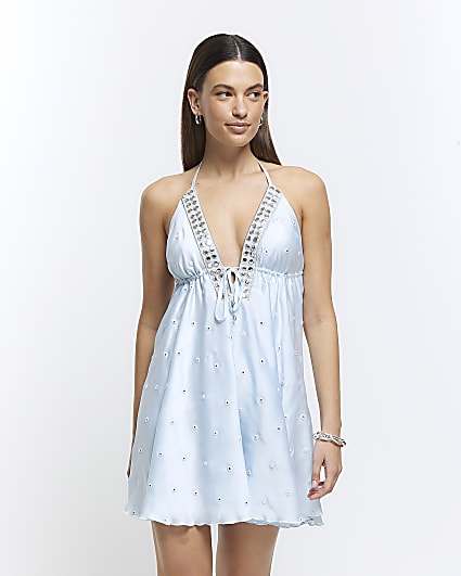 Blue embellished plunge beach mini dress