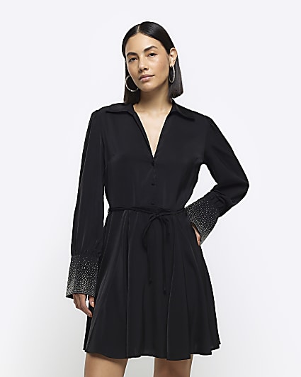 Black diamante cuff mini shirt dress