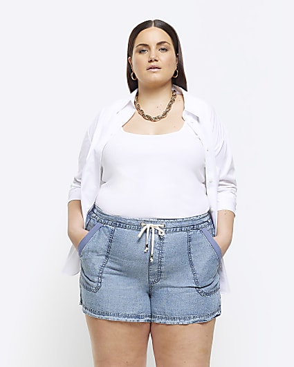 Plus blue lyocell denim drawstring shorts