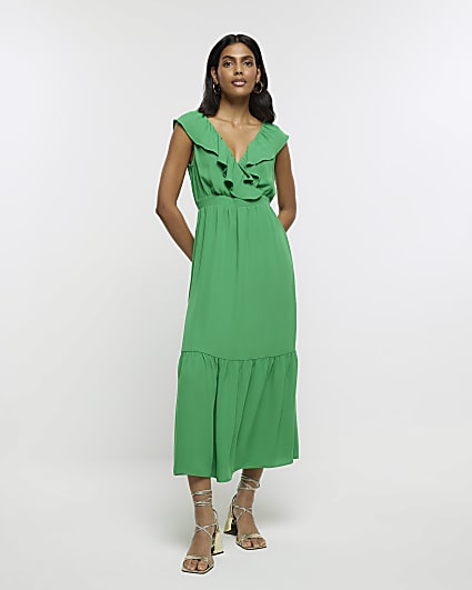 Green frill swing maxi dress