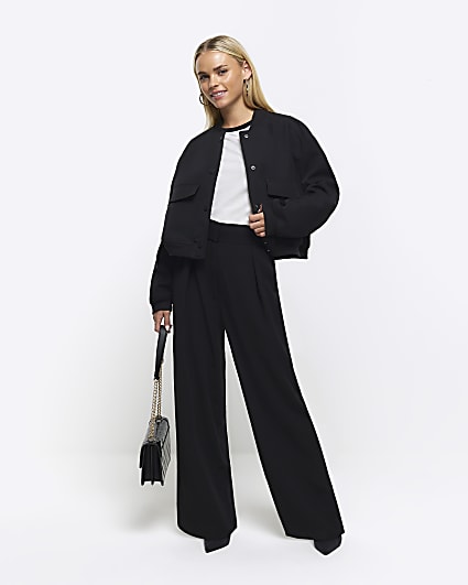 Petite Black Wide Leg Pleated Trouser