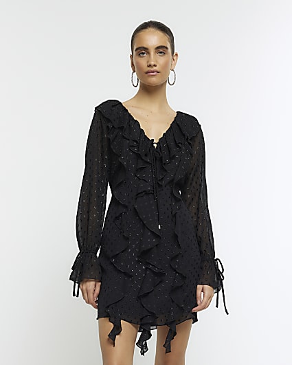 Black embellished frill swing mini dress