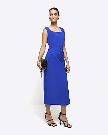 Blue ruched bodycon midi dress