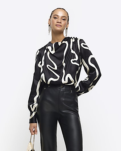 Black abstract cowl neck blouse