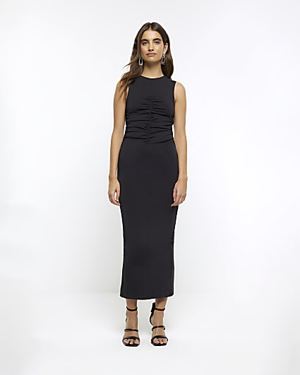 Black ruched detail maxi dress