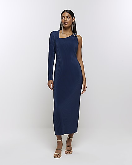 Blue plisse long sleeve bodycon midi dress