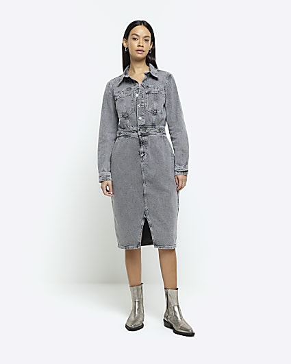 Grey button front denim midi shirt dress