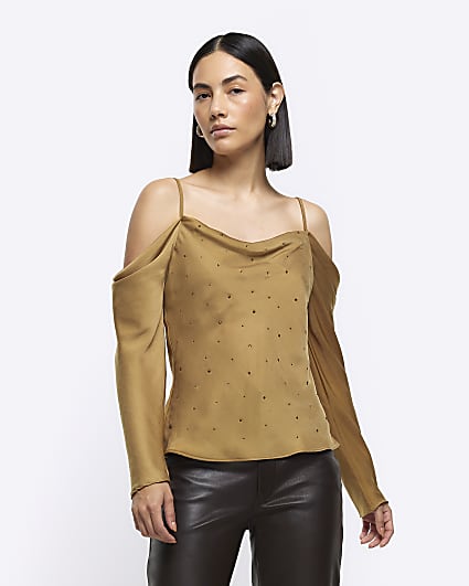 Khaki diamante cold shoulder top