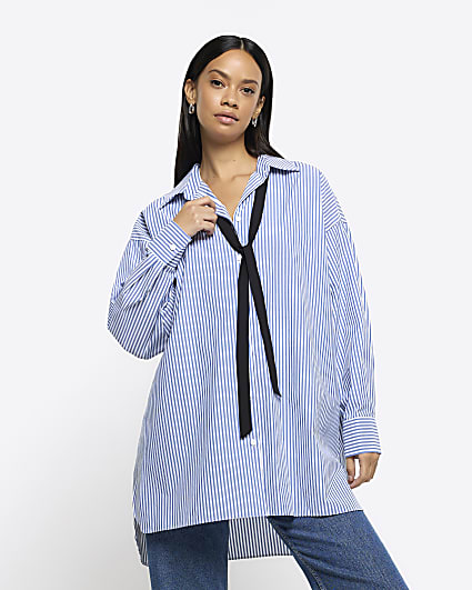 Blue stripe tie neck oversized shirt