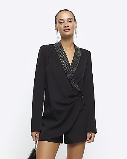 Black diamante collar wrap playsuit