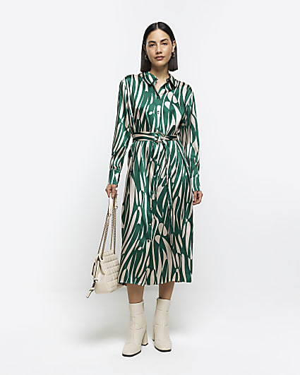 Green abstract belted midi shirt dress