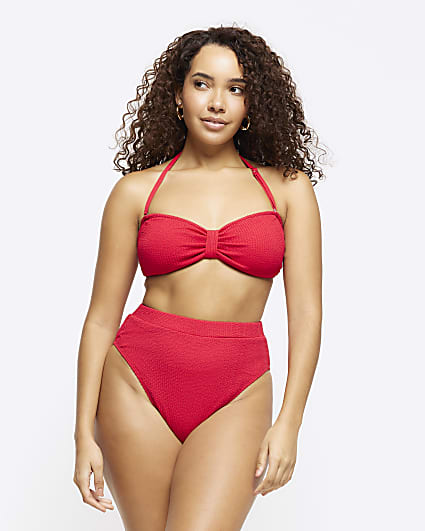 Red high waisted texture bikini bottoms