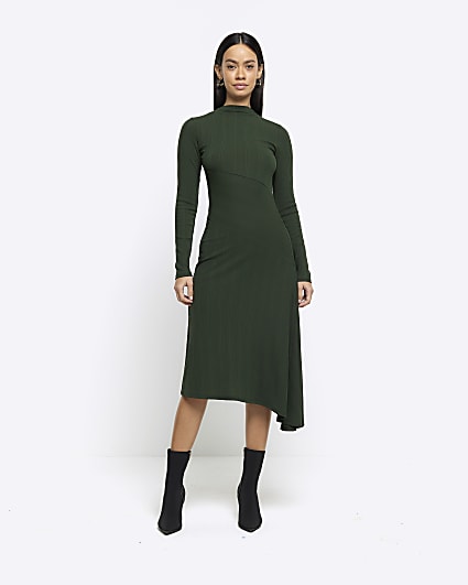 Green rib asymmetric bodycon midi dress