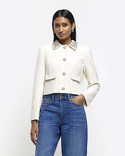 Cream embellished collar crop jacket