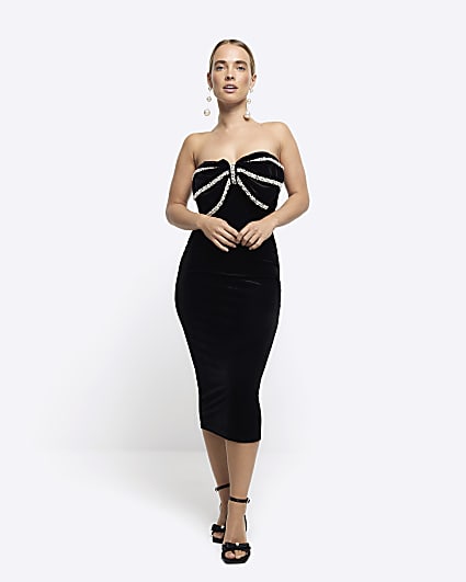 Black velvet pearl bow bandeau midi dress