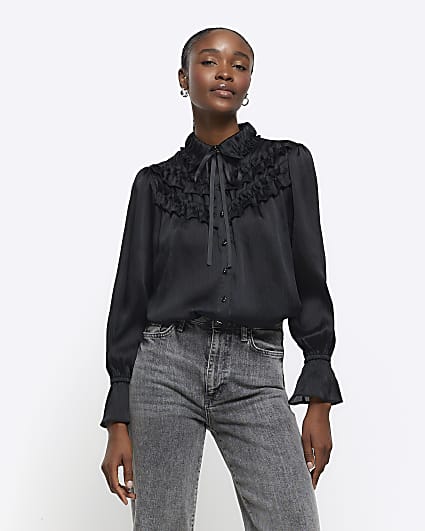 Black frill bow detail blouse