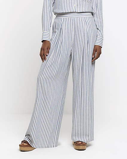 Blue linen blend stripe wide leg trousers