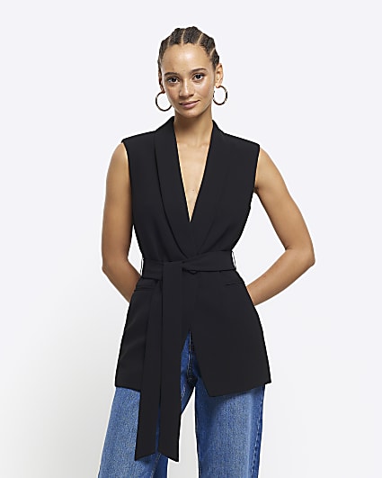 Black belted longline waistcoat