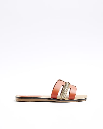 Orange leather flat sandals