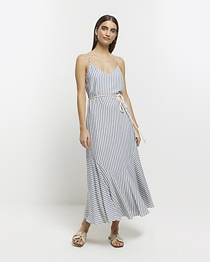 Blue stripe tie waist slip midi dress