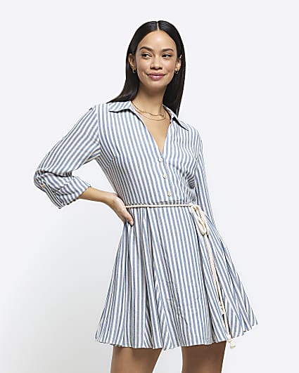 Blue stripe tie waist mini shirt dress