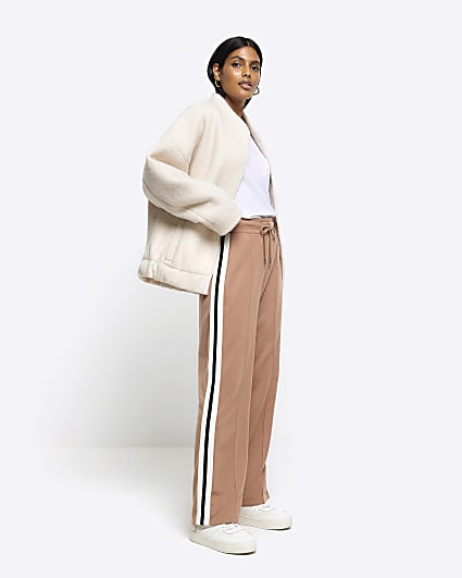 Beige side stripe wide leg joggers