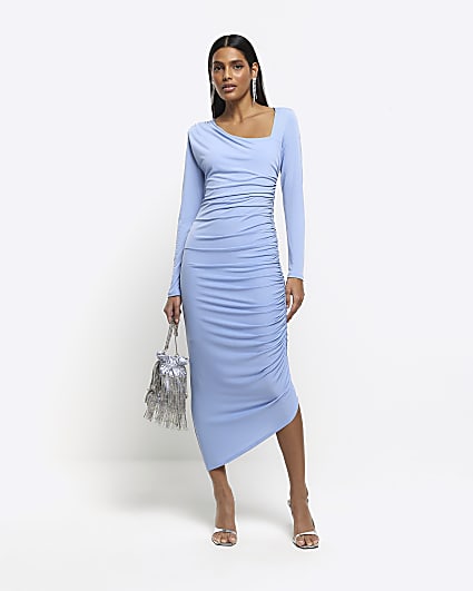 Blue ruched asymmetric bodycon midi dress