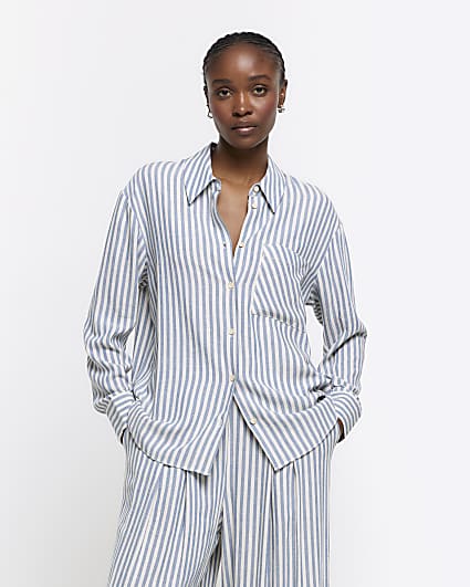 Blue linen blend stripe shirt