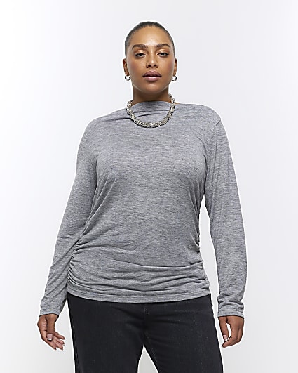 Plus grey ruched side long sleeve top