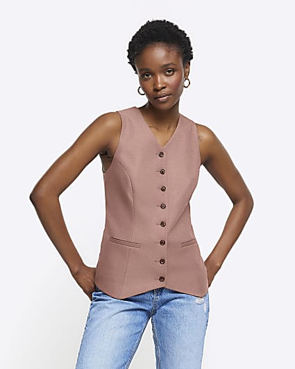 Brown high V-neck waistcoat