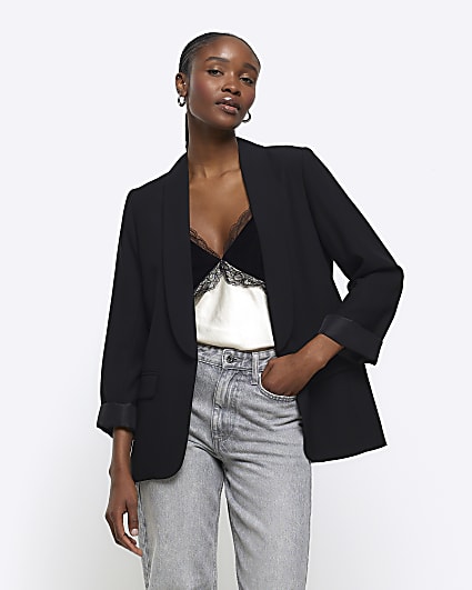 Black shawl collar roll sleeve blazer