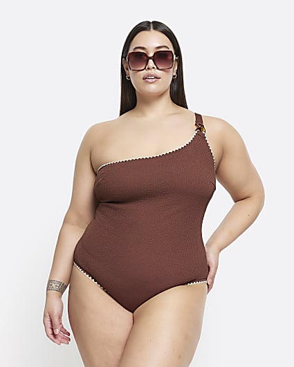 Plus brown stitched one shoulder swimsuit