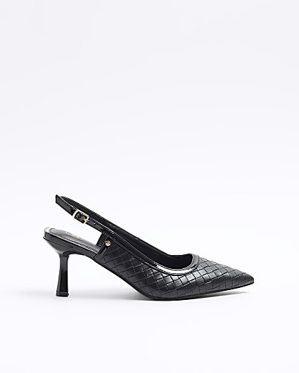 Black weave sling back heeled court shoes