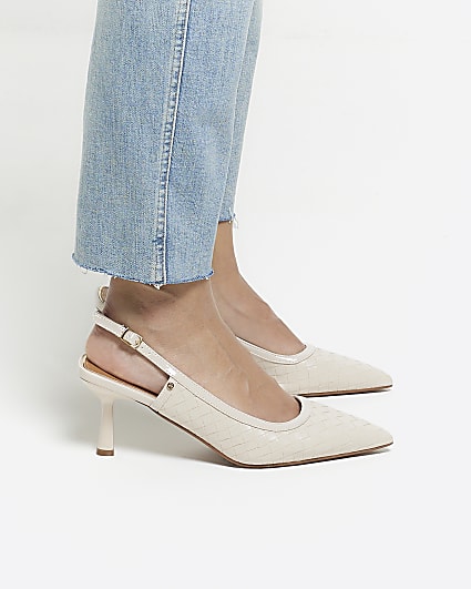 Beige weave heeled sling back court shoes