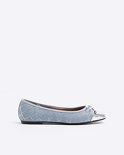 Blue denim studded bow ballet pumps