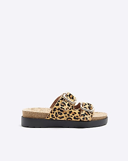 Brown Leather Leopard Print Buckle Sandals