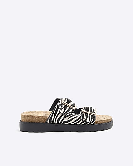 White leather animal print buckle sandals