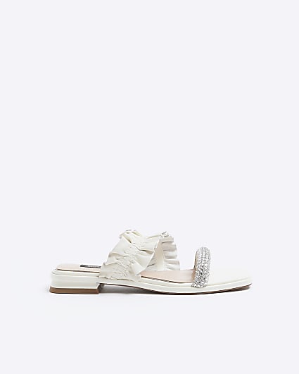 White leather ruffle strap sandals