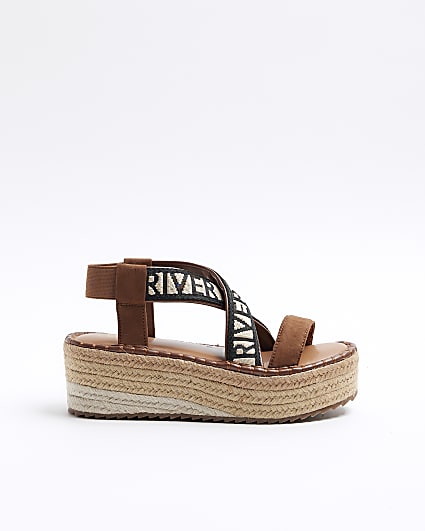 Brown crossed strap espadrille sandals