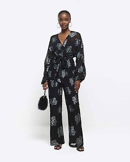 Black glitter floral belted jumpsuit