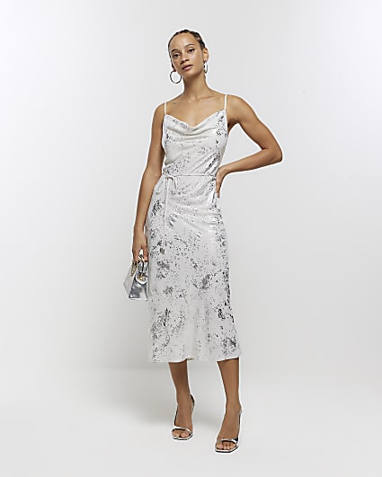 Silver foil detail slip midi dress