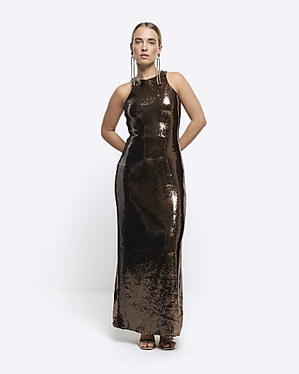 Brown sequin slip maxi dress